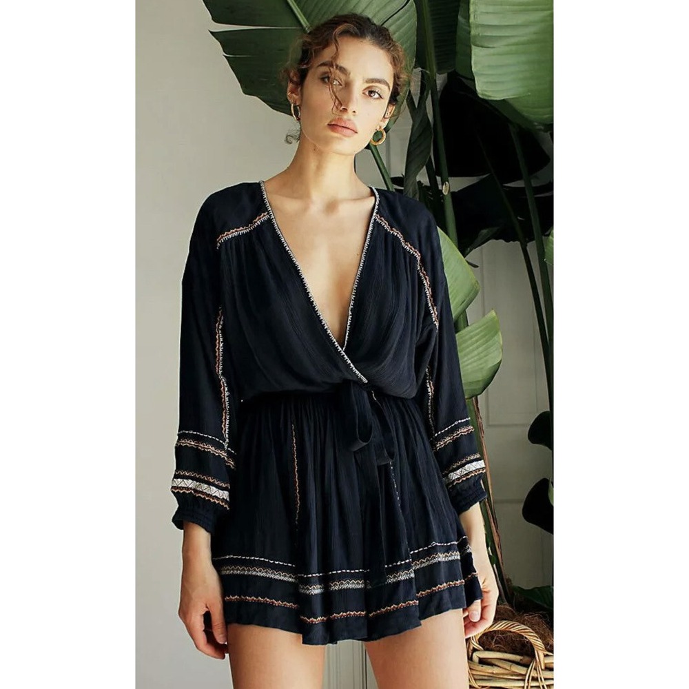 Free People Delilah Embroidered Wrap Mini Dress Midnight Blue Size XS A006509